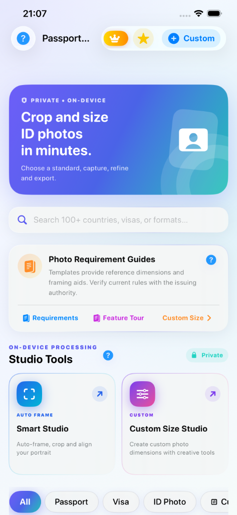 Passport Photo Catalogue with 100+ document standards and category filters