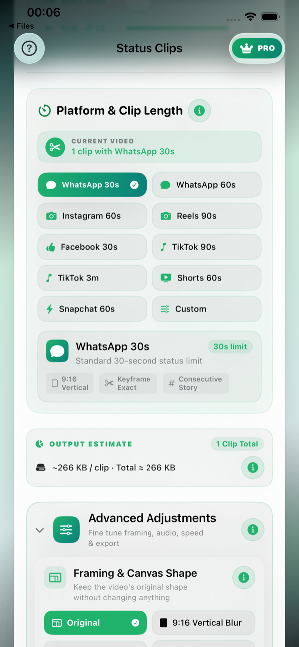StatusClips Platform Selection Screen on iPhone