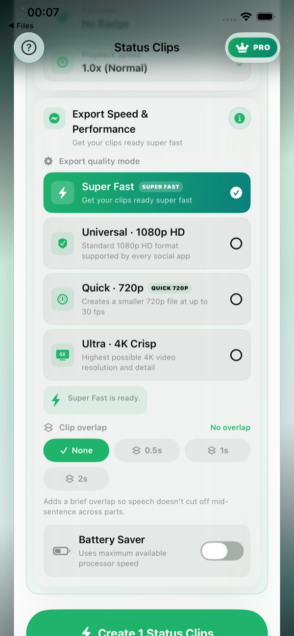 StatusClips Export Speed and Quality Engine on iPhone